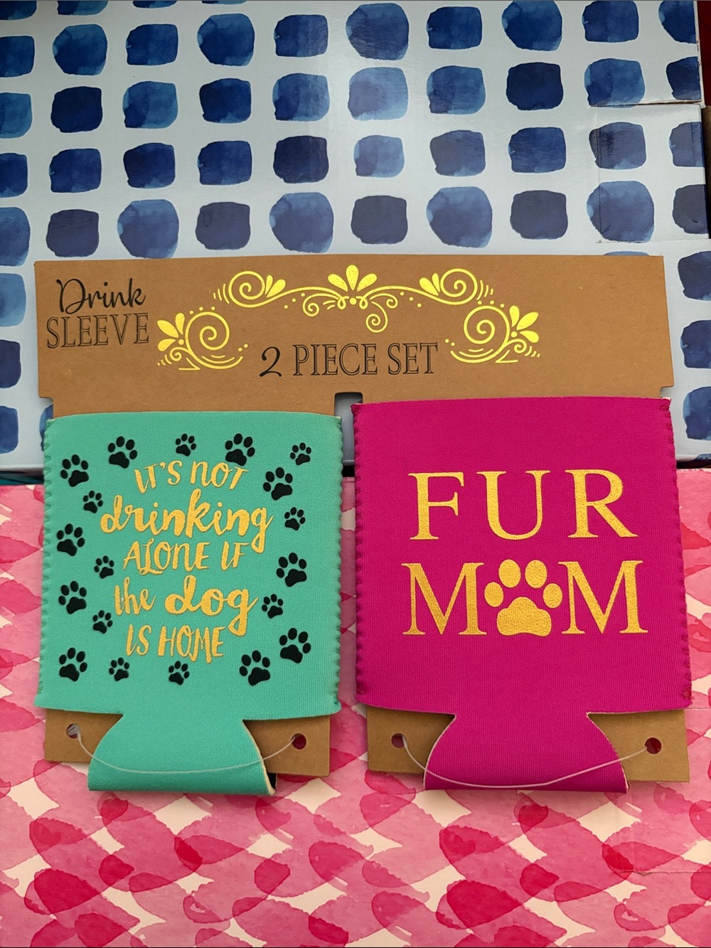 Fur Mom & Dog Lover 2-Piece Drink Sleeve Set - Pink & Teal NWT